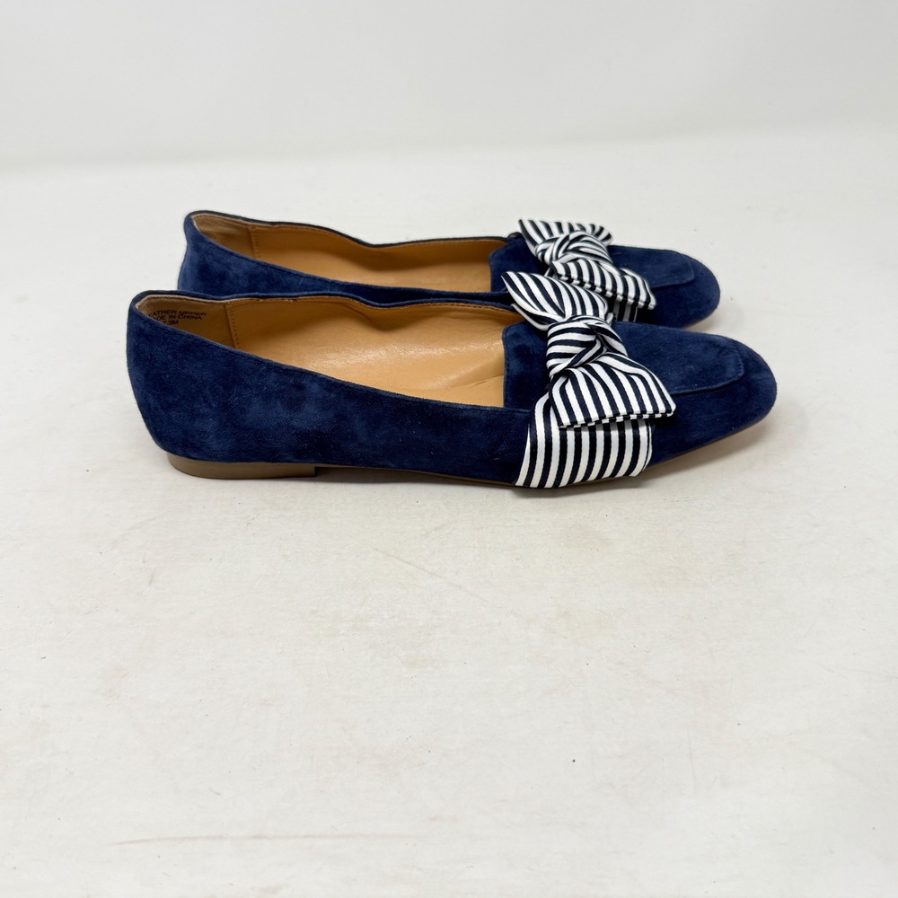 Talbots Flats Navy Blue Suede 7.5M Striped Bow Square Toe Loafers Preppy Classic - Picture 4 of 10
